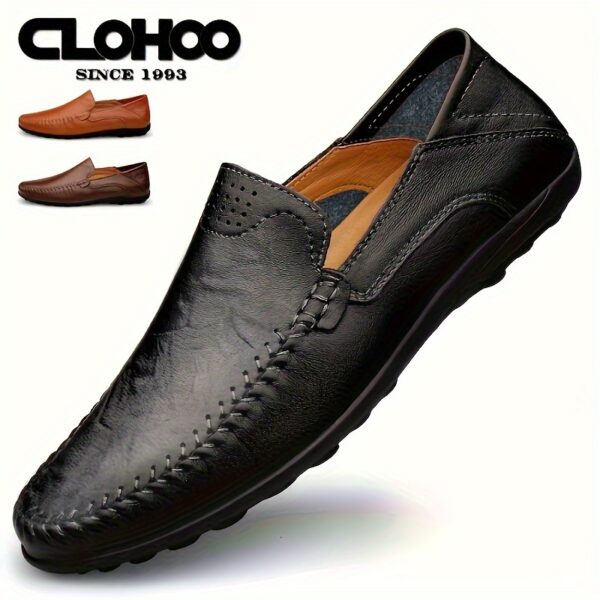 CLOHOO Men's Slip-On Business Casual Shoes - Breathable Second-Layer Leather Upper, Comfortable PU Lining & Rubber Sole, All-Season Versatile for Office, Travel & Vacation - Black, Refined Appearance | Sturdy Rubber Sole, Dressy Shoes