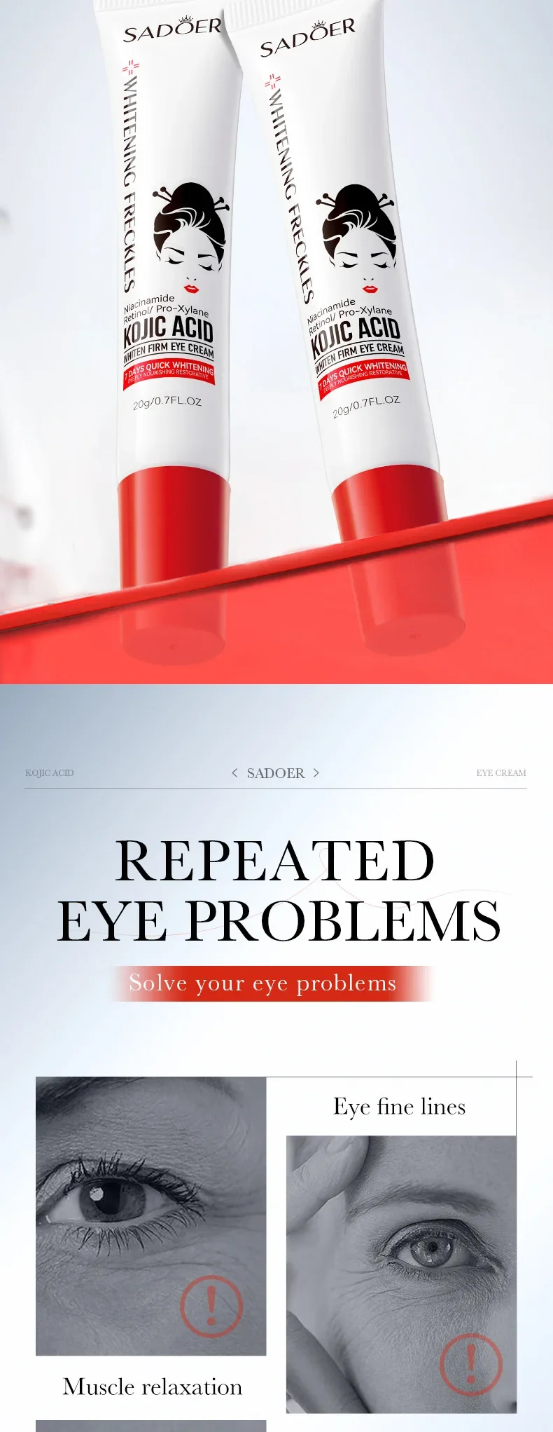 SADOER ácido kójico Retinol crema para ojos anti ojeras eliminar bolsas de ojos hidratante reafirmante belleza ojos productos para el cuidado de la piel - Image 8