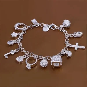 Pulsera de plata europea y americana, pulsera con colgante de trece joyas de elementos múltiples para mujer, pulsera de estilo Simple al por mayor